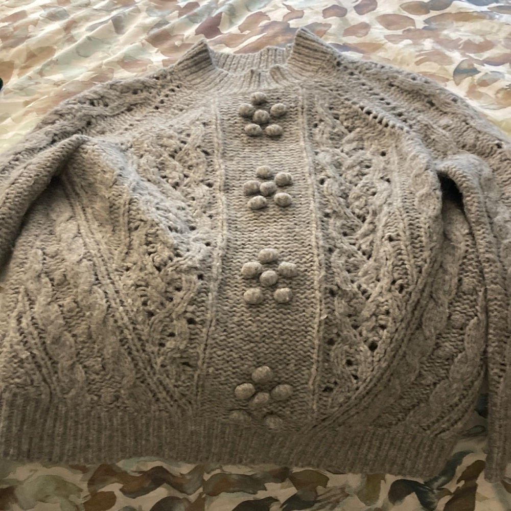 J Crew Grey Pom Pom Cable Knit Sweater